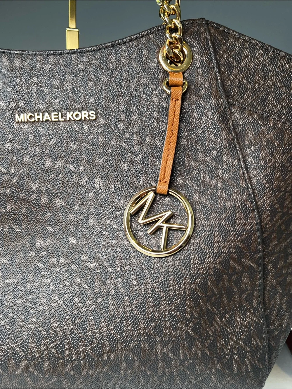 Michael Kors Jet Set Travel Brown Signature Logo Chain Shoulder Tote Bag